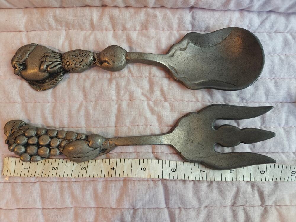 Vintage Pewter Mixed Fruit Salad Serving Set Spoon Fork 3D Grapes Apple Berries